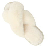 Cozy Winter Home Essentials Set - White 1 Pair Women's Plush Cross Band Faux Fur Slippers XL Size & 2 Pairs Cute Teddy Bear Fuzzy Socks Set, Warm Indoor Lounge Gift Bundle with Non-Slip House Slides