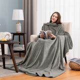 Dark Grey 180 x 120CM Extra Large Wearable Wrap Blanket with Sleeves and Large Pocket, Cozy Thickened Flannel Oversized TV Blanket Robe and Sofa Throw for Home Lounging