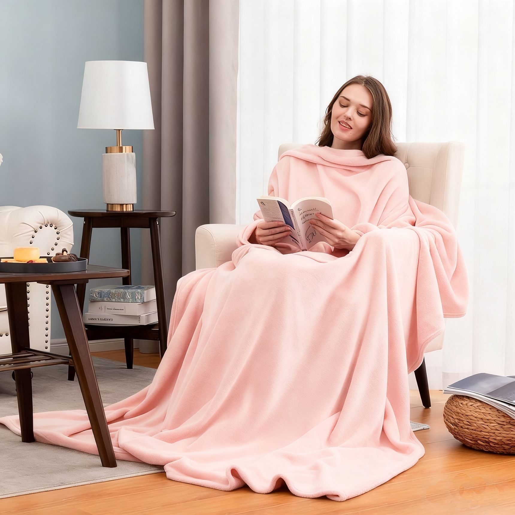 Pink 180 x 120CM Extra Large Wearable Wrap Blanket with Sleeves and Large Pocket, Cozy Thickened Flannel Oversized TV Blanket Robe and Sofa Throw for Home Lounging