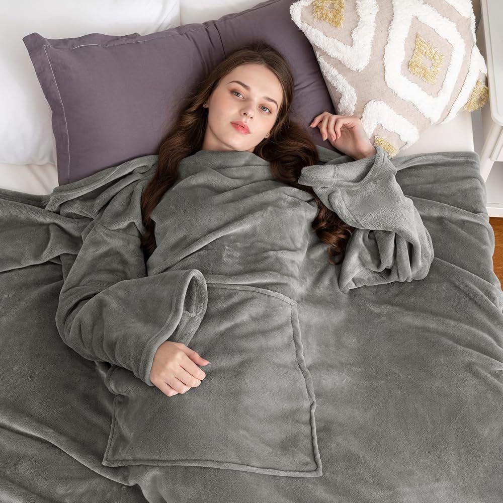 Pink 180 x 120CM Extra Large Wearable Wrap Blanket with Sleeves and Large Pocket, Cozy Thickened Flannel Oversized TV Blanket Robe and Sofa Throw for Home Lounging