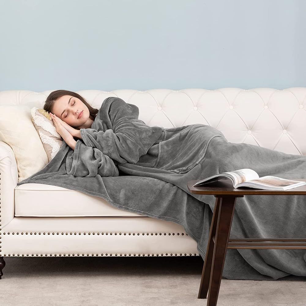 Pink 180 x 120CM Extra Large Wearable Wrap Blanket with Sleeves and Large Pocket, Cozy Thickened Flannel Oversized TV Blanket Robe and Sofa Throw for Home Lounging