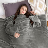 Blue 180 x 120CM Extra Large Wearable Wrap Blanket with Sleeves and Large Pocket, Cozy Thickened Flannel Oversized TV Blanket Robe and Sofa Throw for Home Lounging