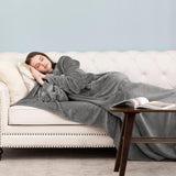 Blue 180 x 120CM Extra Large Wearable Wrap Blanket with Sleeves and Large Pocket, Cozy Thickened Flannel Oversized TV Blanket Robe and Sofa Throw for Home Lounging