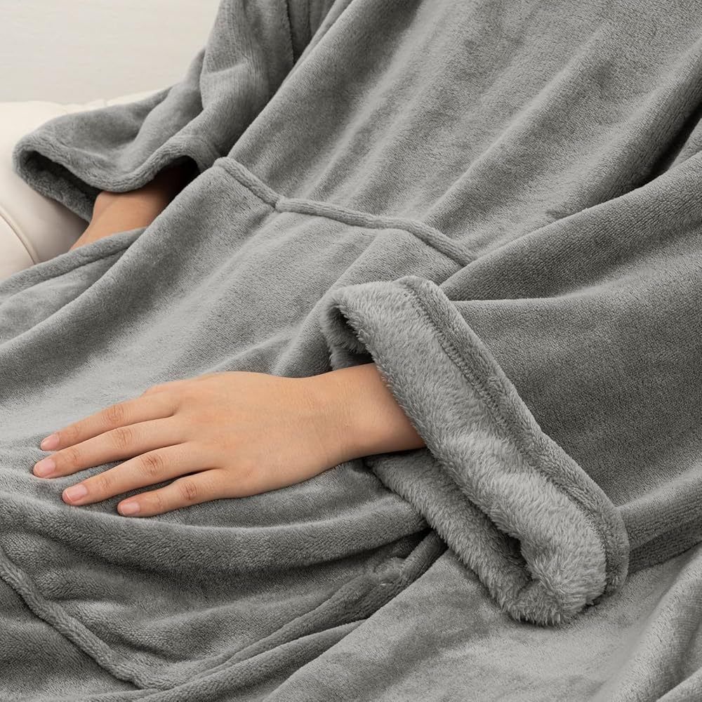 Blue 180 x 120CM Extra Large Wearable Wrap Blanket with Sleeves and Large Pocket, Cozy Thickened Flannel Oversized TV Blanket Robe and Sofa Throw for Home Lounging