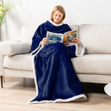 Blue 180 x 120CM Extra Large Wearable Wrap Blanket with Sleeves and Large Pocket, Cozy Thickened Composed Flannel Sherpa Fleece Oversized TV Blanket Robe and Sofa Throw for Home Lounging