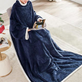 Blue 180 x 120CM Extra Large Wearable Wrap Blanket with Sleeves and Large Pocket, Cozy Thickened Composed Flannel Sherpa Fleece Oversized TV Blanket Robe and Sofa Throw for Home Lounging