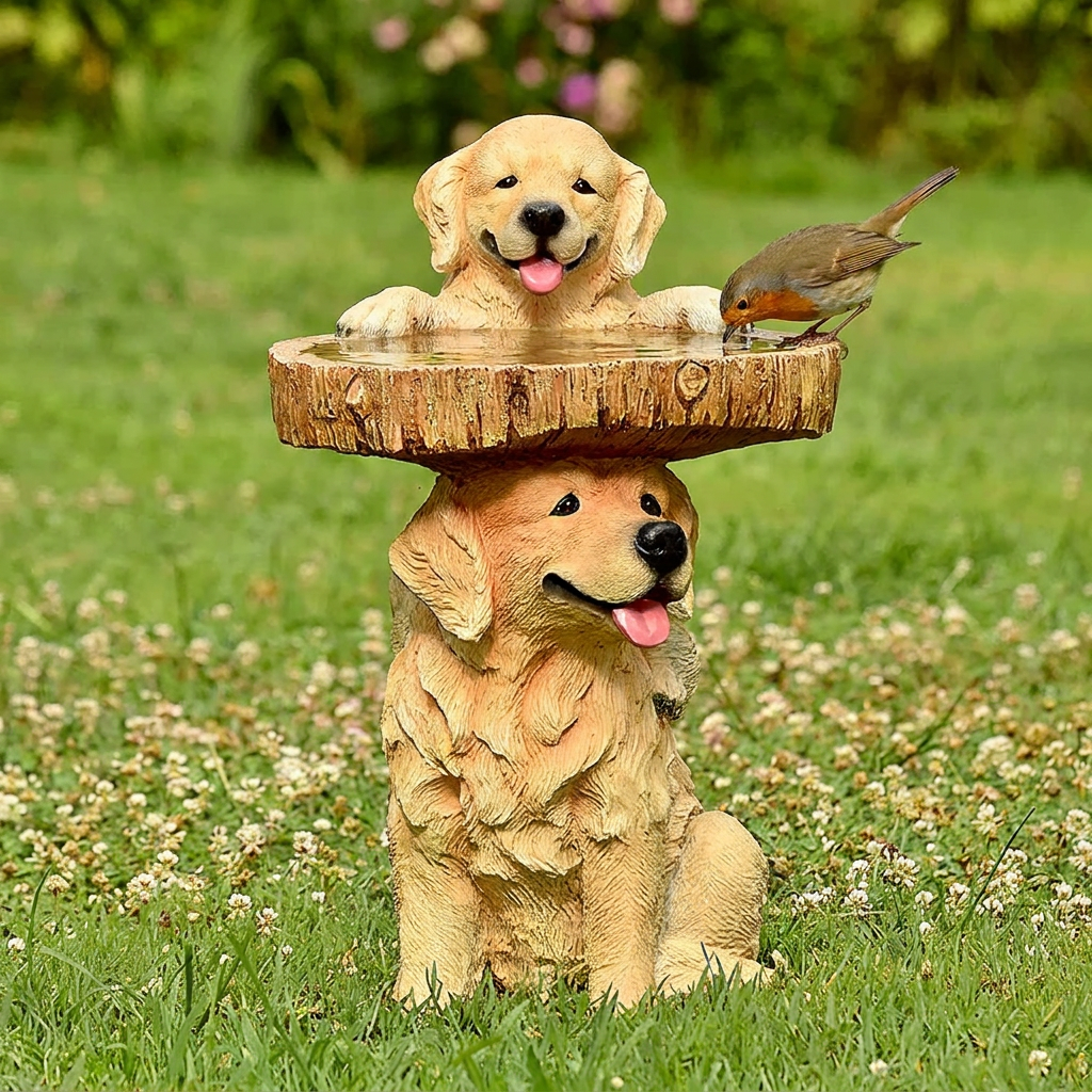 Resin Bird Bath Feeder Garden Ornament with Dog Design – Tree Stump Decorative Outdoor Bird Feeder for Patio, Lawn & Yard