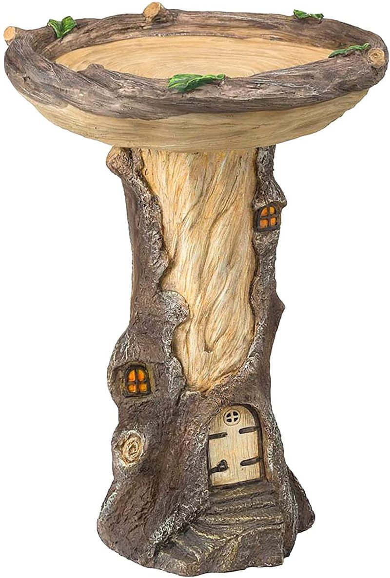 Resin Bird Bath Feeder Garden Ornament with Tree House Design – Tree Stump Decorative Outdoor Bird Feeder for Patio, Lawn & Yard