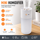 White Dual Spray USB Humidifier with Warm LED Night Light - 400ml Mini Portable Desk and Car Humidifier, Quiet Mist Output, ABS and PP Construction, Compact Rechargeable Moisture Solution for Home Office Travel