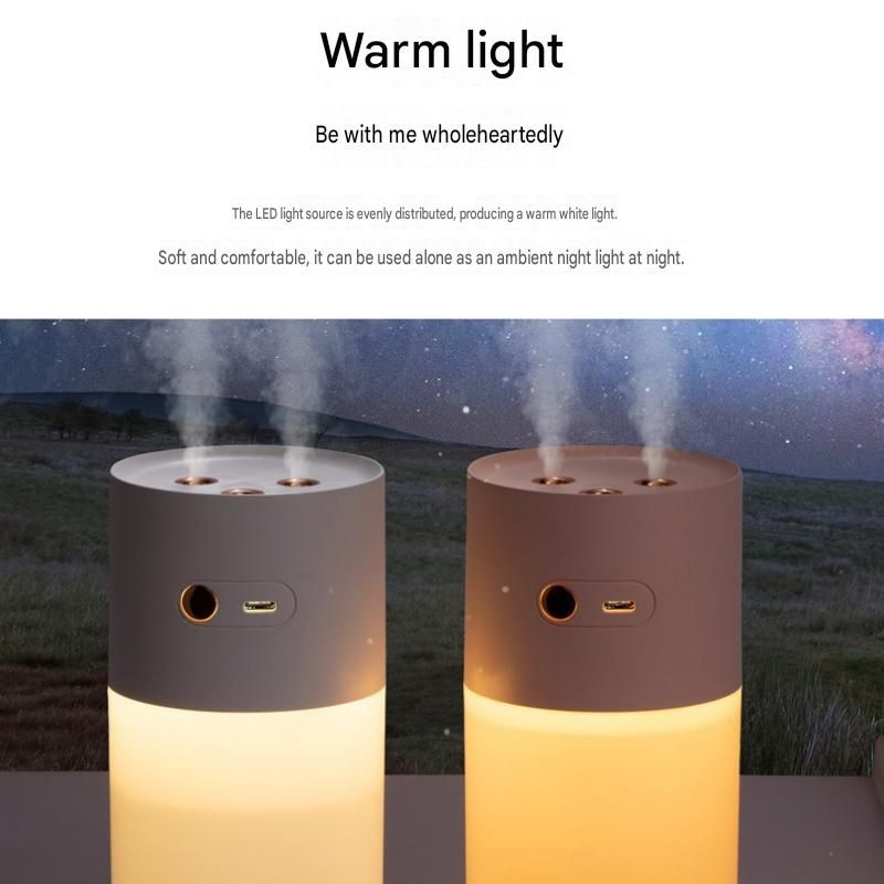 White Dual Spray USB Humidifier with Warm LED Night Light - 400ml Mini Portable Desk and Car Humidifier, Quiet Mist Output, ABS and PP Construction, Compact Rechargeable Moisture Solution for Home Office Travel