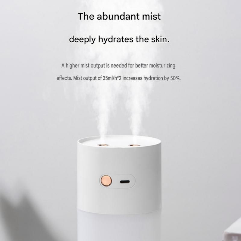 White Dual Spray USB Humidifier with Warm LED Night Light - 400ml Mini Portable Desk and Car Humidifier, Quiet Mist Output, ABS and PP Construction, Compact Rechargeable Moisture Solution for Home Office Travel