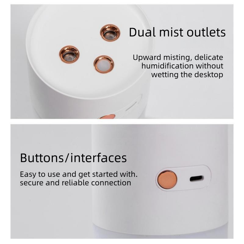 White Dual Spray USB Humidifier with Warm LED Night Light - 400ml Mini Portable Desk and Car Humidifier, Quiet Mist Output, ABS and PP Construction, Compact Rechargeable Moisture Solution for Home Office Travel