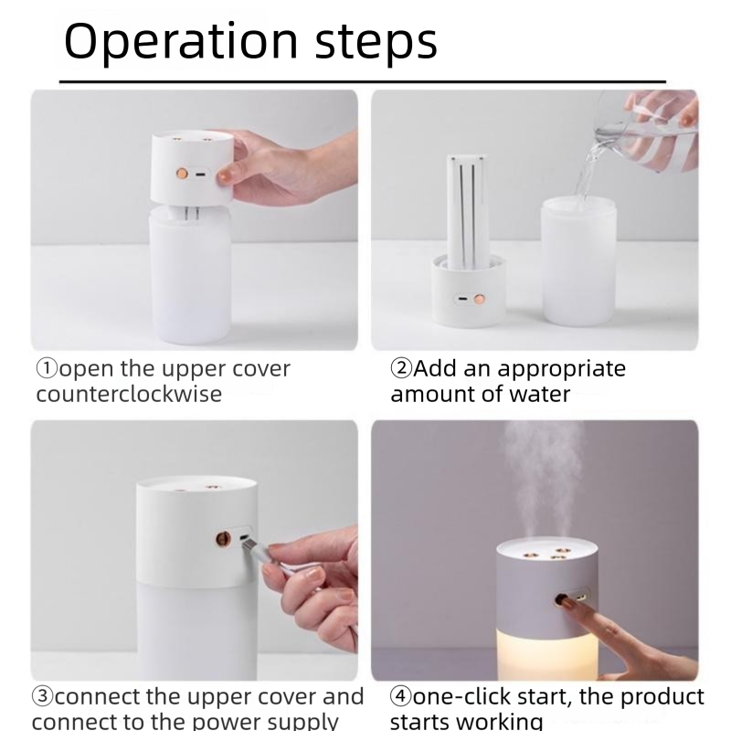 White Dual Spray USB Humidifier with Warm LED Night Light - 400ml Mini Portable Desk and Car Humidifier, Quiet Mist Output, ABS and PP Construction, Compact Rechargeable Moisture Solution for Home Office Travel