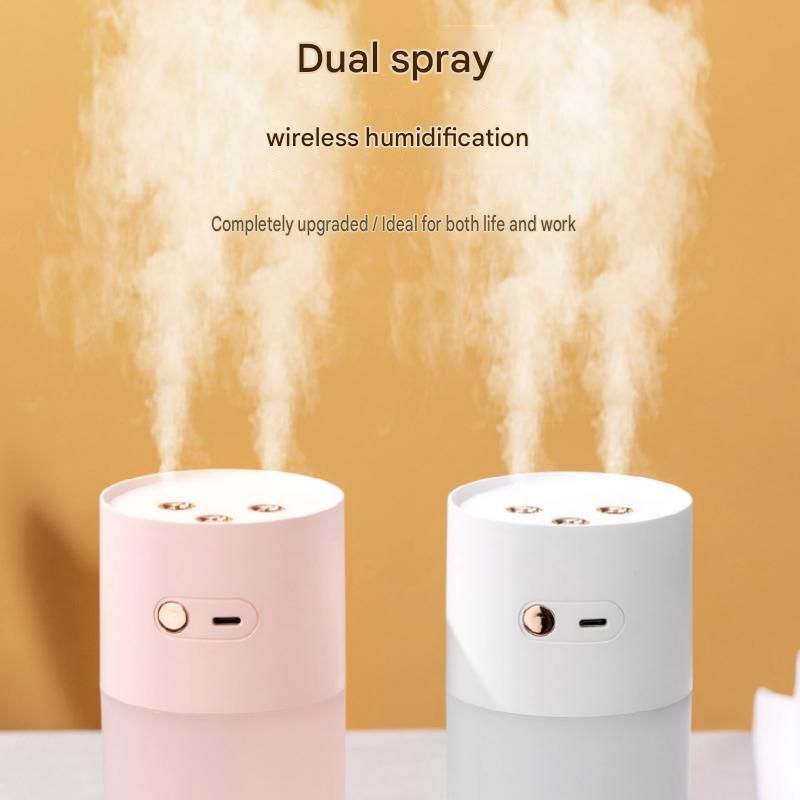 Pink Dual Spray USB Humidifier with Warm LED Night Light - 400ml Mini Portable Desk and Car Humidifier, Quiet Mist Output, ABS and PP Construction, Compact Rechargeable Moisture Solution for Home Office Travel