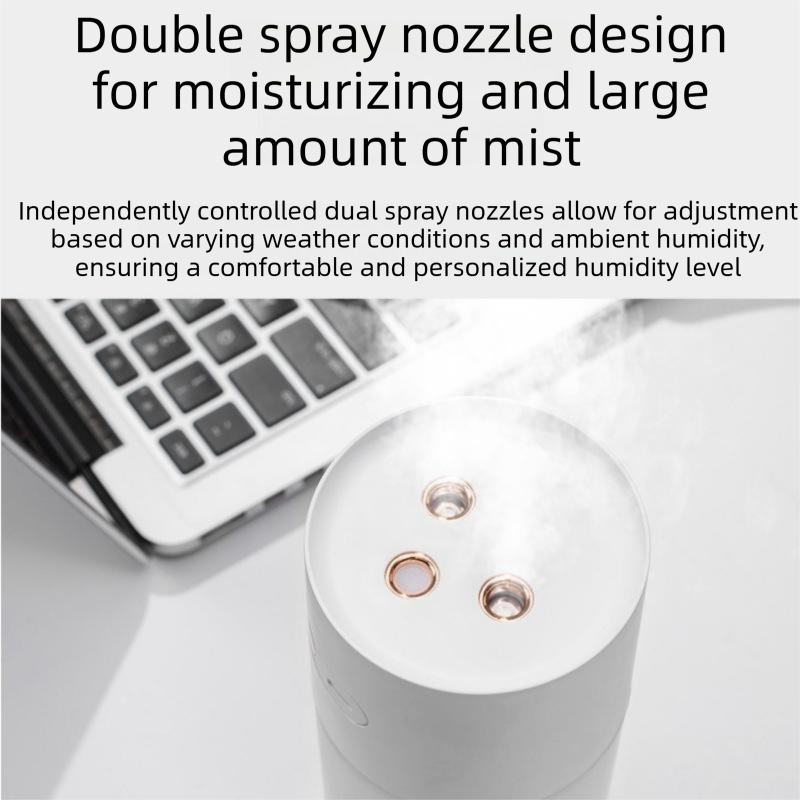 Pink Dual Spray USB Humidifier with Warm LED Night Light - 400ml Mini Portable Desk and Car Humidifier, Quiet Mist Output, ABS and PP Construction, Compact Rechargeable Moisture Solution for Home Office Travel