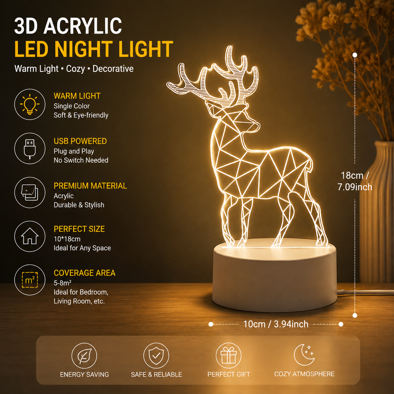 Reindeer style Creative Acrylic LED Night Light - Warm White Ambient Table Lamp, Decorative Desktop Mood Light, Cartoon and Creative Display Design, Compact Gift for Bedroom Living Room Office
