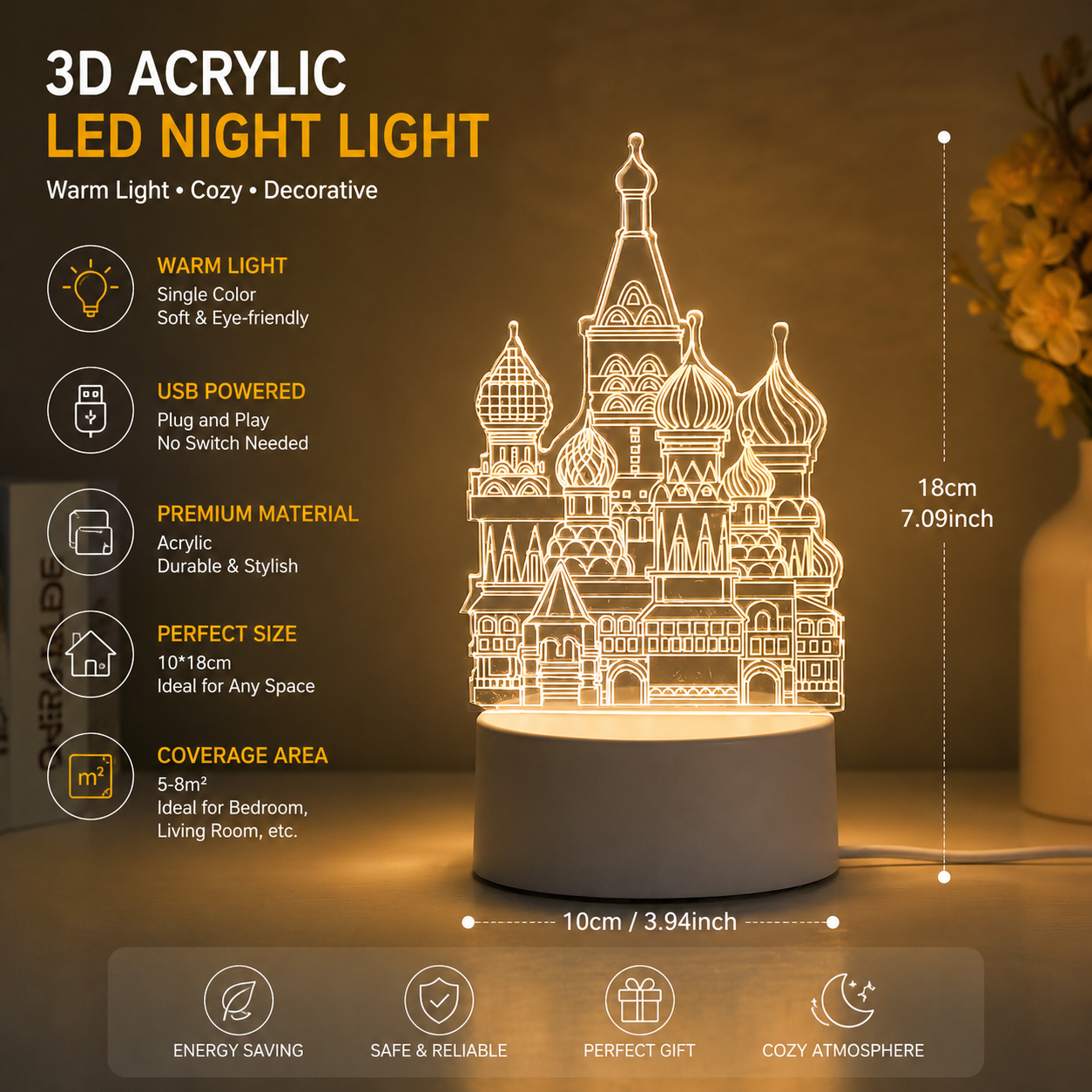 Castle Style Creative Acrylic LED Night Light - Warm White Ambient Table Lamp, Decorative Desktop Mood Light, Cartoon and Creative Display Design, Compact Gift for Bedroom Living Room Office