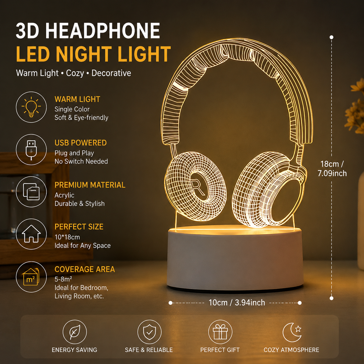 Headphone version Creative Acrylic LED Night Light - Warm White Ambient Table Lamp, Decorative Desktop Mood Light, Cartoon and Creative Display Design, Compact Gift for Bedroom Living Room Office