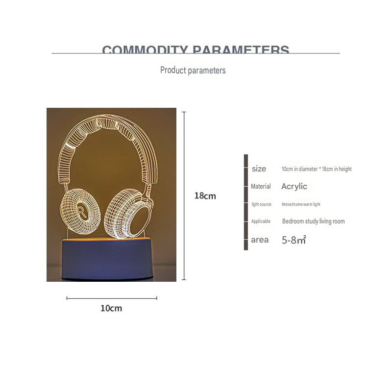 Headphone version Creative Acrylic LED Night Light - Warm White Ambient Table Lamp, Decorative Desktop Mood Light, Cartoon and Creative Display Design, Compact Gift for Bedroom Living Room Office