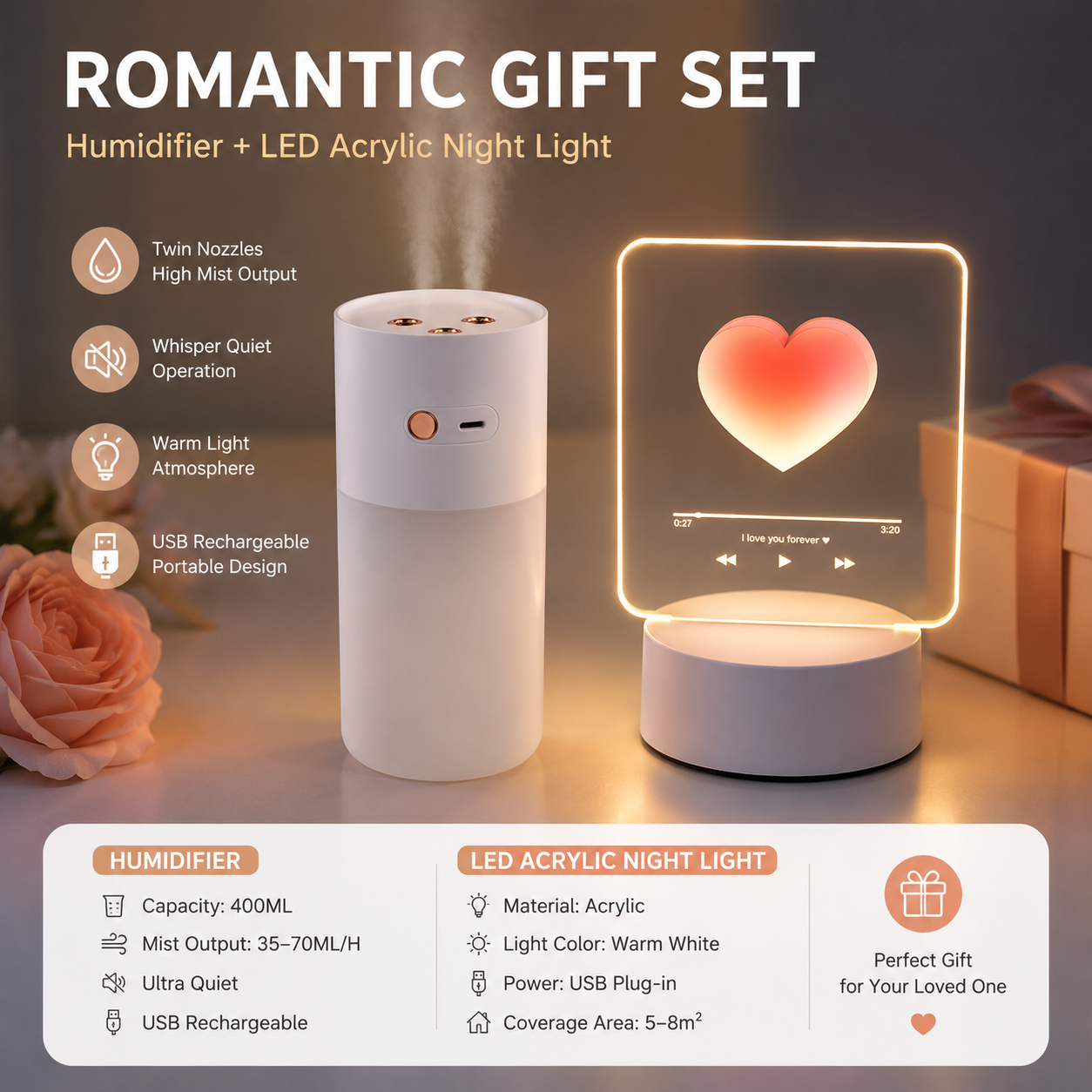Creative Romantic Home Gift Set - White Dual Spray USB Humidifier with  Warm LED Night Light and White Acrylic Decorative Ambient Lamp, Portable Lamp and Car Humidifier Bundle for Bedroom Office Living Room
