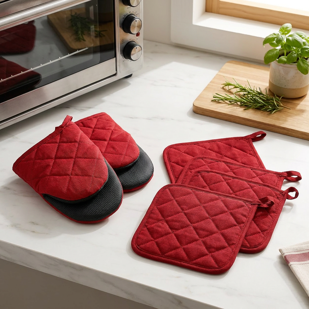 Red Heat Resistant Oven Mitts Set 1 Pair and 4 Pot Holders Quilted Cotton Kitchen Heat Protection Gloves and Pads Silver Coated Non Slip Baking Cooking Kitchen Accessories