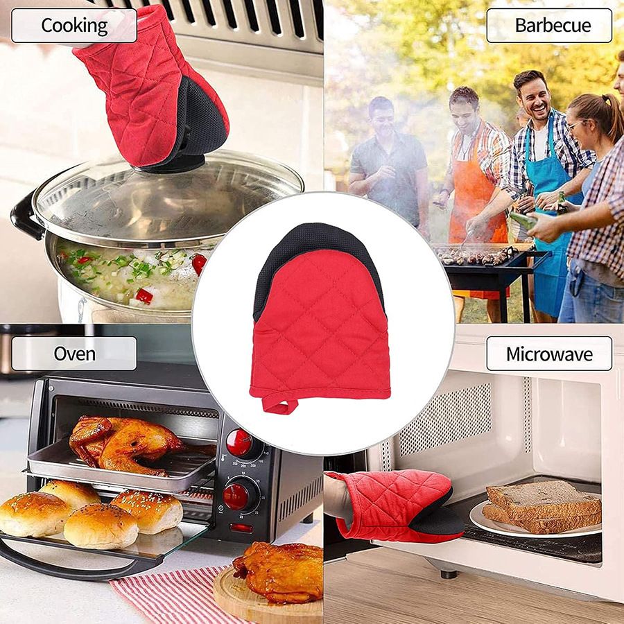 Red Heat Resistant Oven Mitts Set 1 Pair and 4 Pot Holders Quilted Cotton Kitchen Heat Protection Gloves and Pads Silver Coated Non Slip Baking Cooking Kitchen Accessories