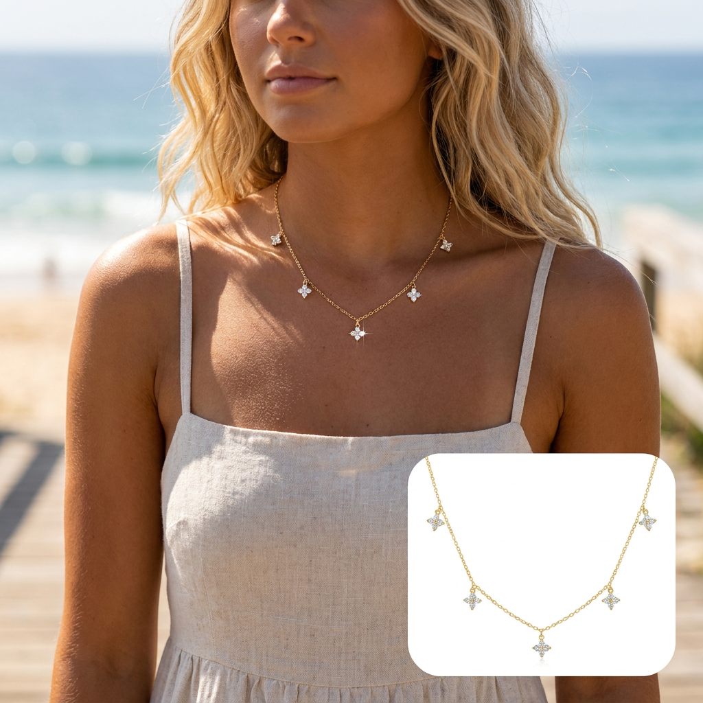 Gold Four Leaf Clover Pendant Necklace with Gift Box Gold Tone Cubic Zirconia Charm Necklace Adjustable Chain Dainty Everyday Jewellery Gift for Women