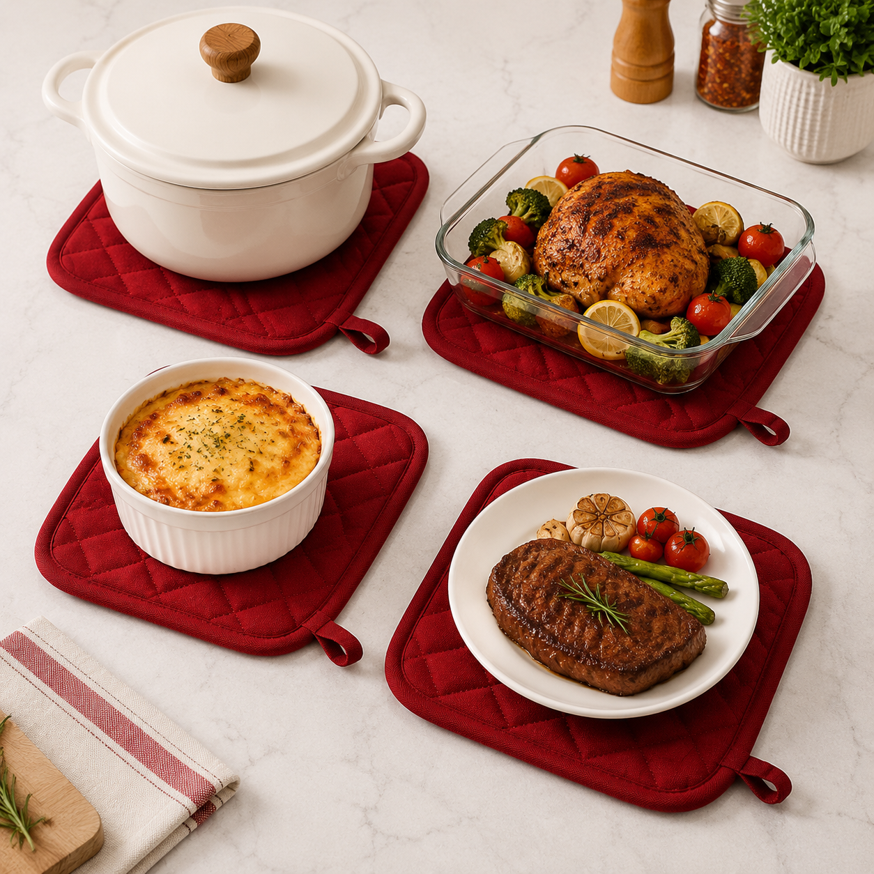 4 Pack Heat Resistant Pot Holders - Red Cotton Silver Coated Quilted Kitchen Heat Pads Non Slip Oven Mats 18x18cm Baking Cooking Microwave Use Durable Thermal Protection
