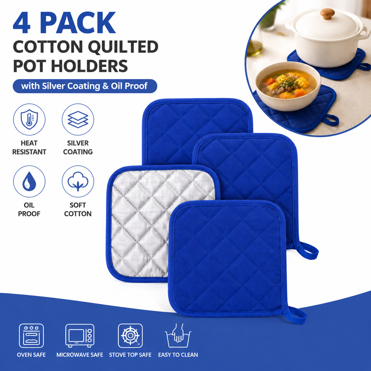 4 Pack Heat Resistant Pot Holders - Blue Cotton Silver Coated Quilted Kitchen Heat Pads Non Slip Oven Mats 18x18cm Baking Cooking Microwave Use Durable Thermal Protection