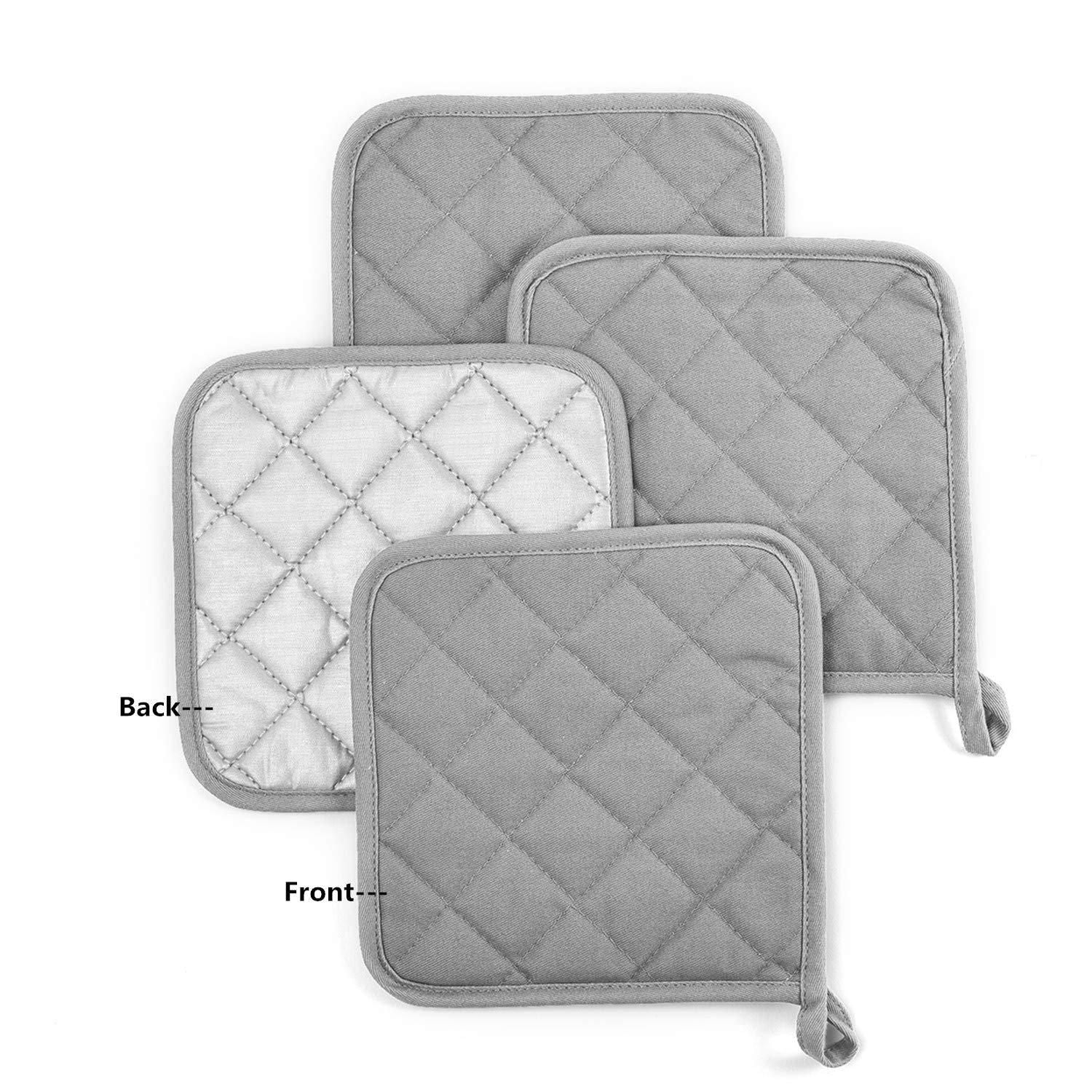 4 Pack Heat Resistant Pot Holders - Blue Cotton Silver Coated Quilted Kitchen Heat Pads Non Slip Oven Mats 18x18cm Baking Cooking Microwave Use Durable Thermal Protection