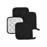 4 Pack Heat Resistant Pot Holders - Black Cotton Silver Coated Quilted Kitchen Heat Pads Non Slip Oven Mats 18x18cm Baking Cooking Microwave Use Durable Thermal Protection