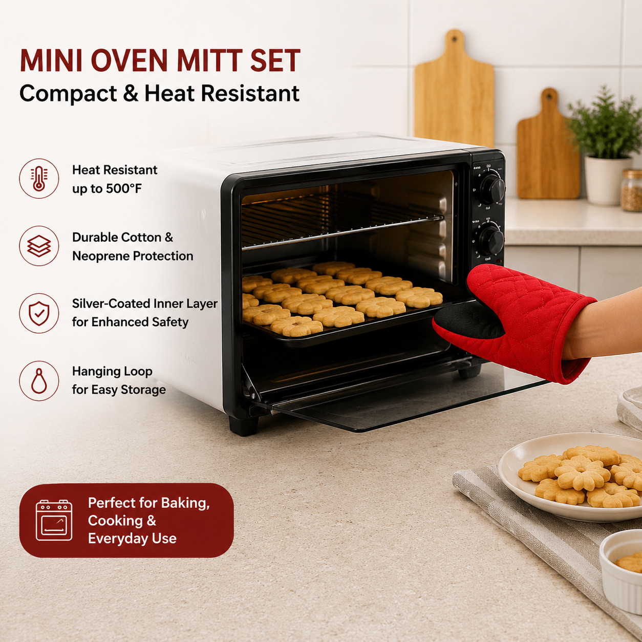 Red Heat Resistant Oven Mitts Set of 2 - Neoprene Cotton Insulated Kitchen Gloves, 500F Heat Protection, Non Slip Silicone Grip for Baking, Cooking, Microwave and Oven Use