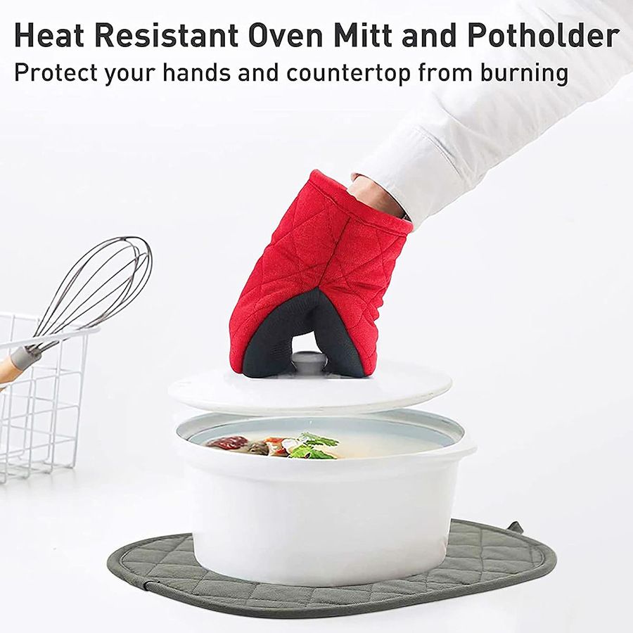 Red Heat Resistant Oven Mitts Set of 2 - Neoprene Cotton Insulated Kitchen Gloves, 500F Heat Protection, Non Slip Silicone Grip for Baking, Cooking, Microwave and Oven Use