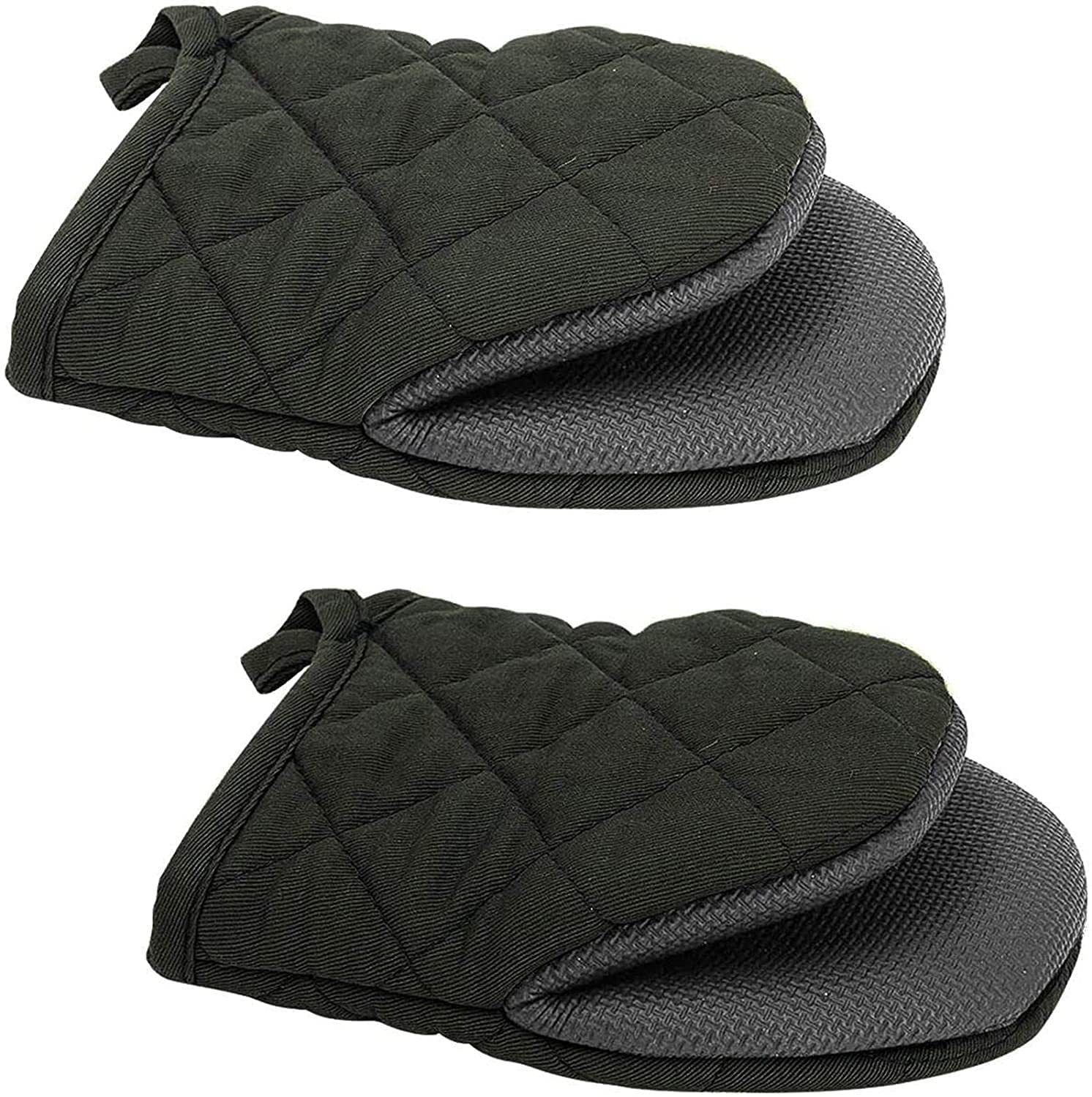 Black Heat Resistant Oven Mitts Set of 2 - Neoprene Cotton Insulated Kitchen Gloves, 500F Heat Protection, Non Slip Silicone Grip for Baking, Cooking, Microwave and Oven Use