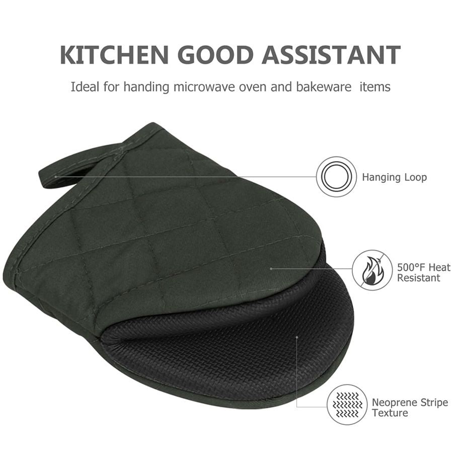 Black Heat Resistant Oven Mitts Set of 2 - Neoprene Cotton Insulated Kitchen Gloves, 500F Heat Protection, Non Slip Silicone Grip for Baking, Cooking, Microwave and Oven Use