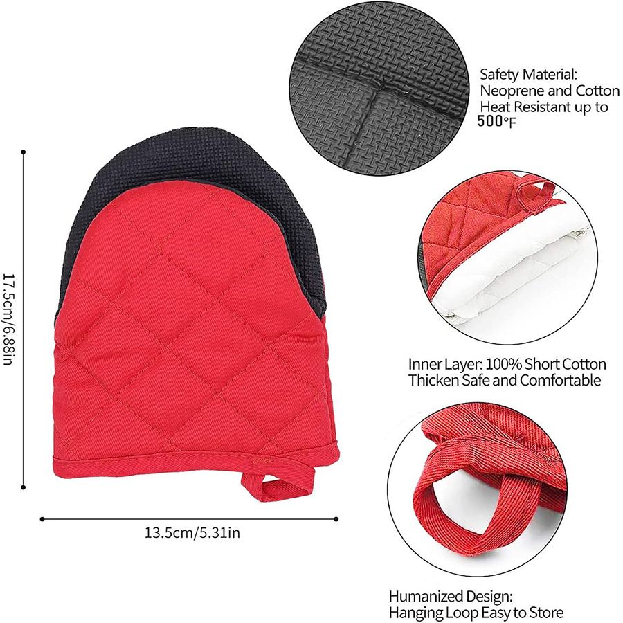 Black Heat Resistant Oven Mitts Set of 2 - Neoprene Cotton Insulated Kitchen Gloves, 500F Heat Protection, Non Slip Silicone Grip for Baking, Cooking, Microwave and Oven Use