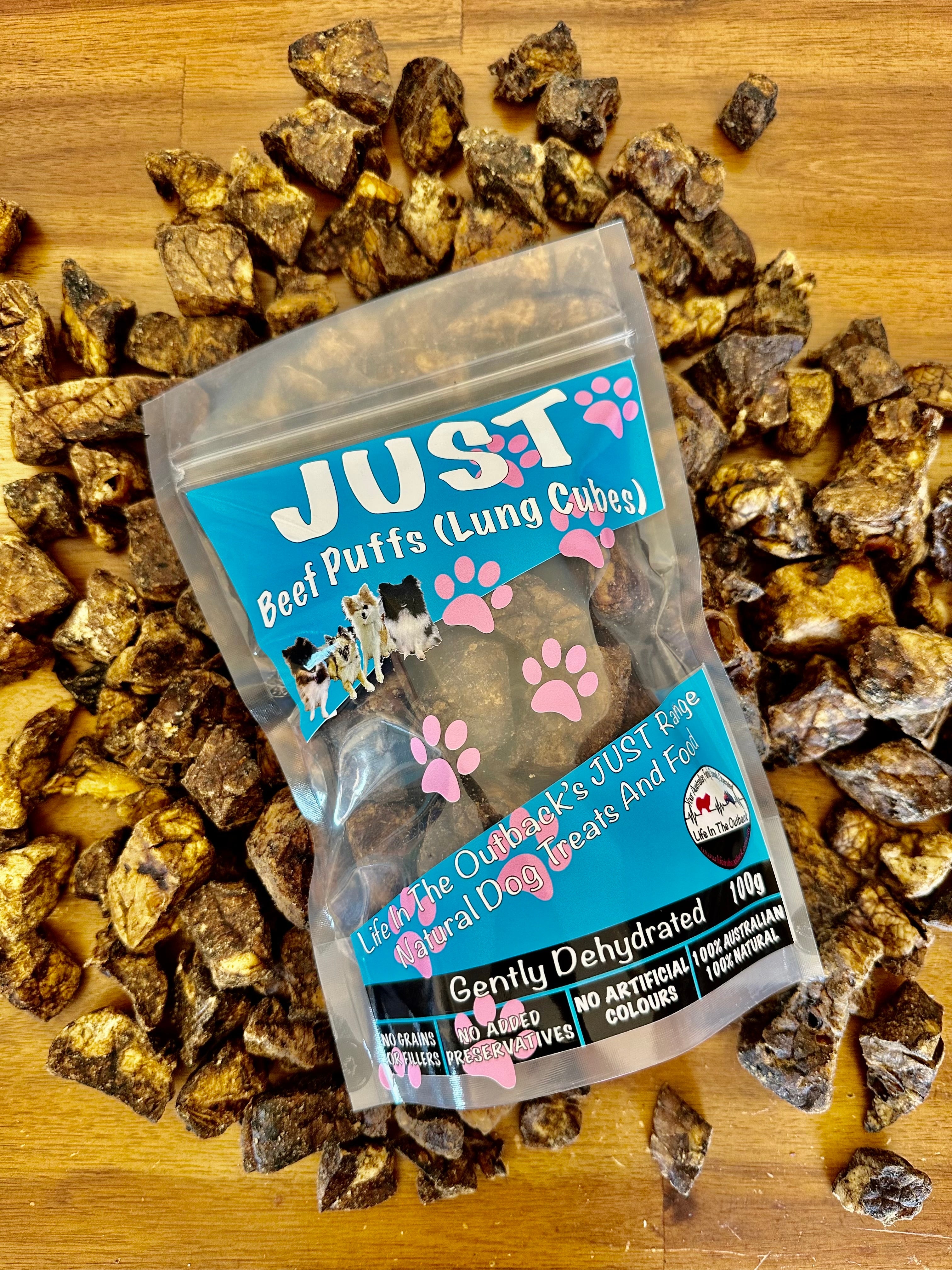 Dog Food: 1x Just Beef Puffs (lung cubes)