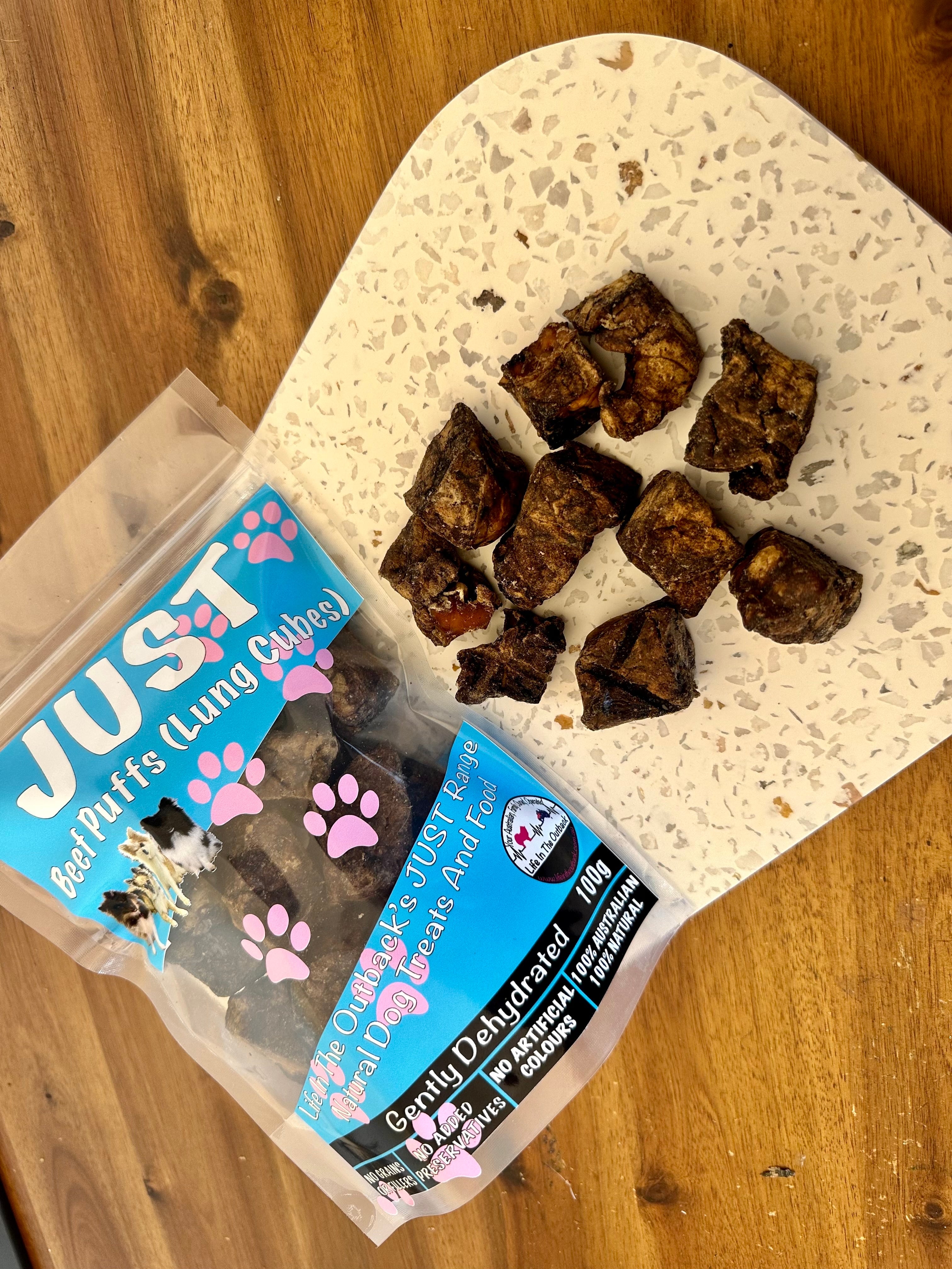 Dog Food: 1x Just Beef Puffs (lung cubes)