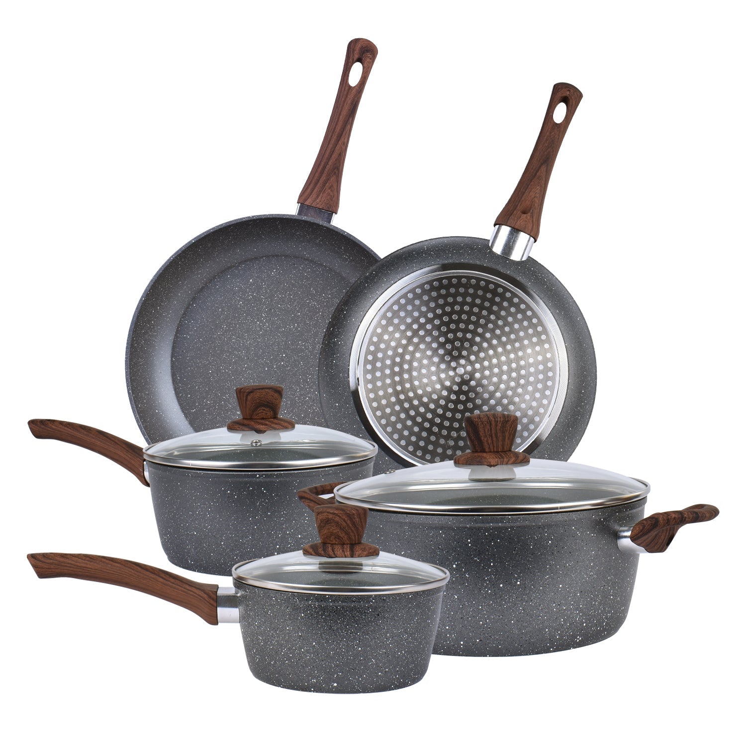 Skillets & Frying Pans: 5Pieces Non-Stick Marble Coating Saucepan/Casserole/Fry Pan Cookware Set