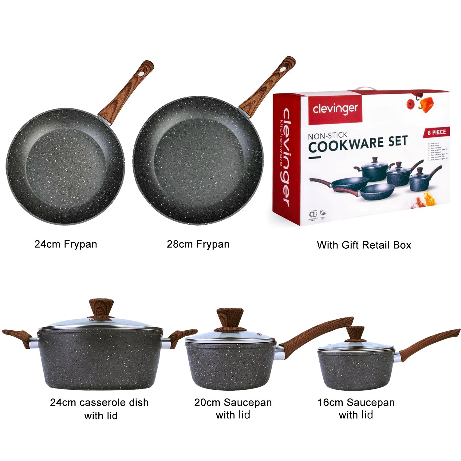 Skillets & Frying Pans: 5Pieces Non-Stick Marble Coating Saucepan/Casserole/Fry Pan Cookware Set