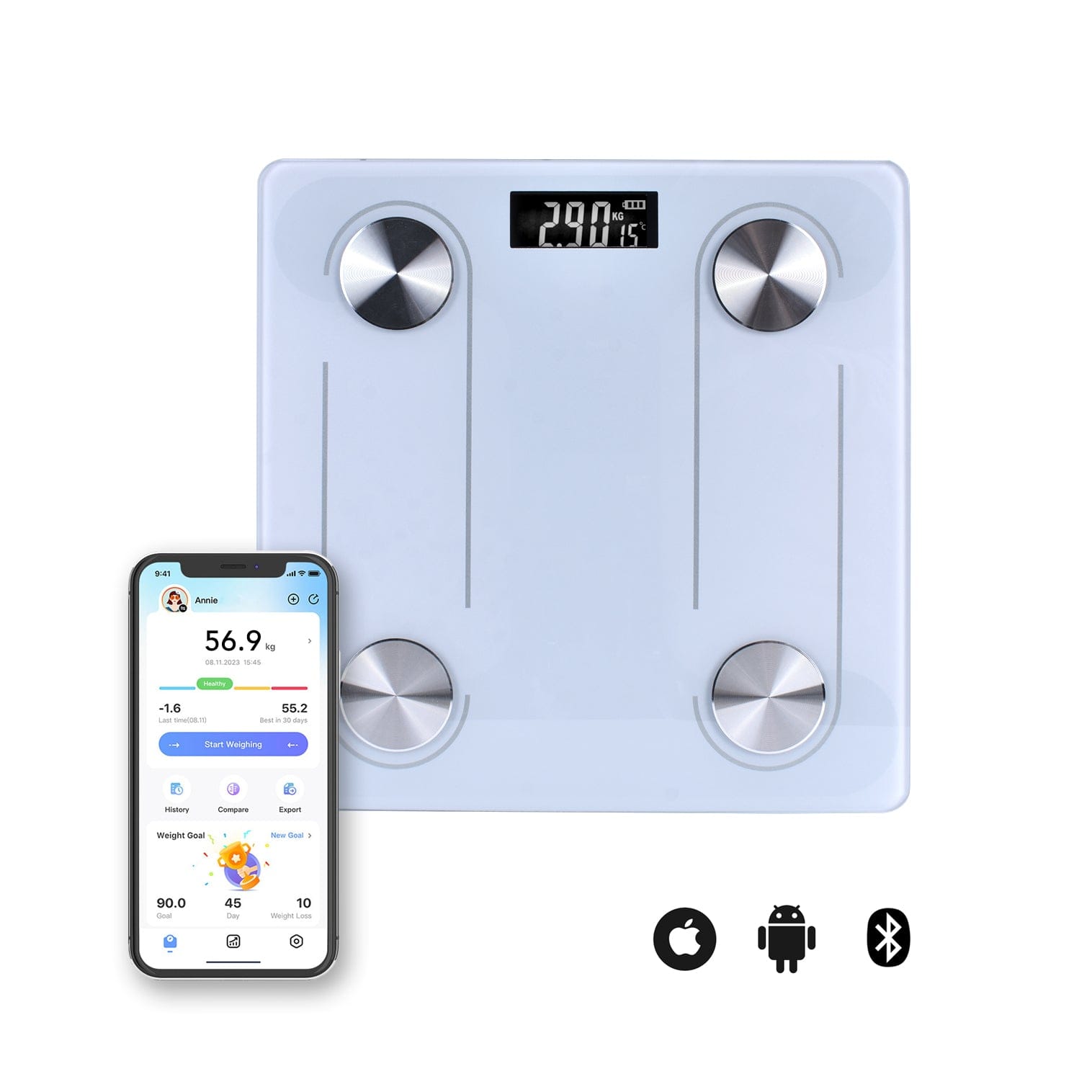 Bathroom Scales: Clevinger Bluetooth Smart Digital Glass Bathroom Scale Max Capacity 180KG