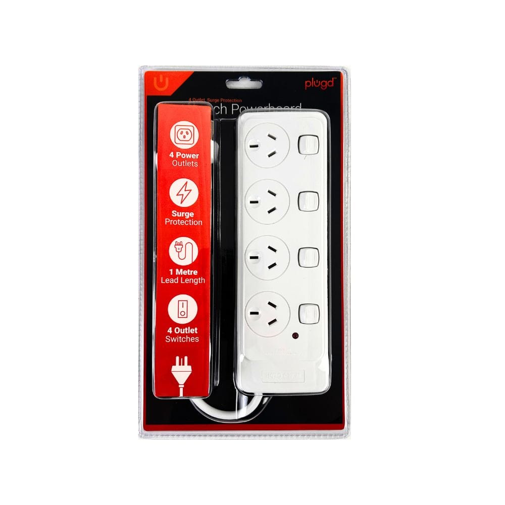 Powerboards & Adapters: 4 Outlet Power Board With Surge Protection with Individual Switches 1M Lead Cable