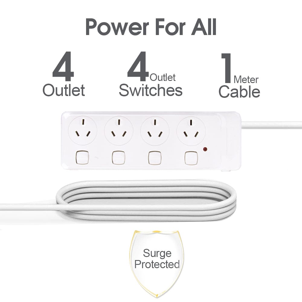 Powerboards & Adapters: 4 Outlet Power Board With Surge Protection with Individual Switches 1M Lead Cable