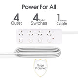 Powerboards & Adapters: 4 Outlet Power Board With Surge Protection with Individual Switches 1M Lead Cable