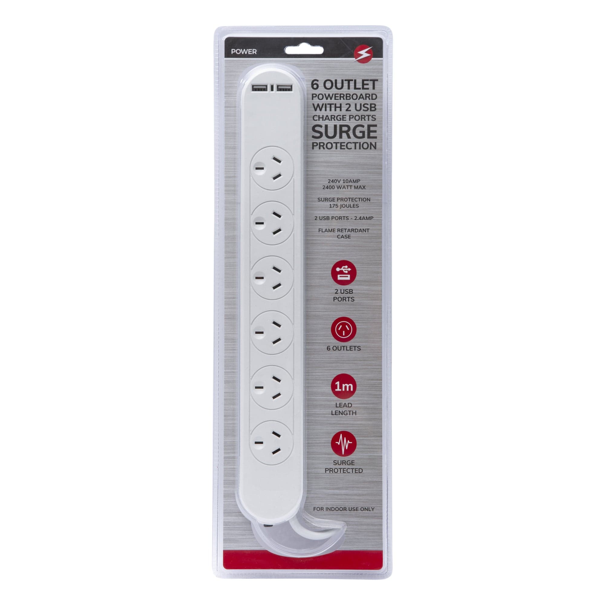 Powerboards & Adapters: 6 Outlet Powerboard With Surge Protection and Dual USB Charger 1M Lead Cable