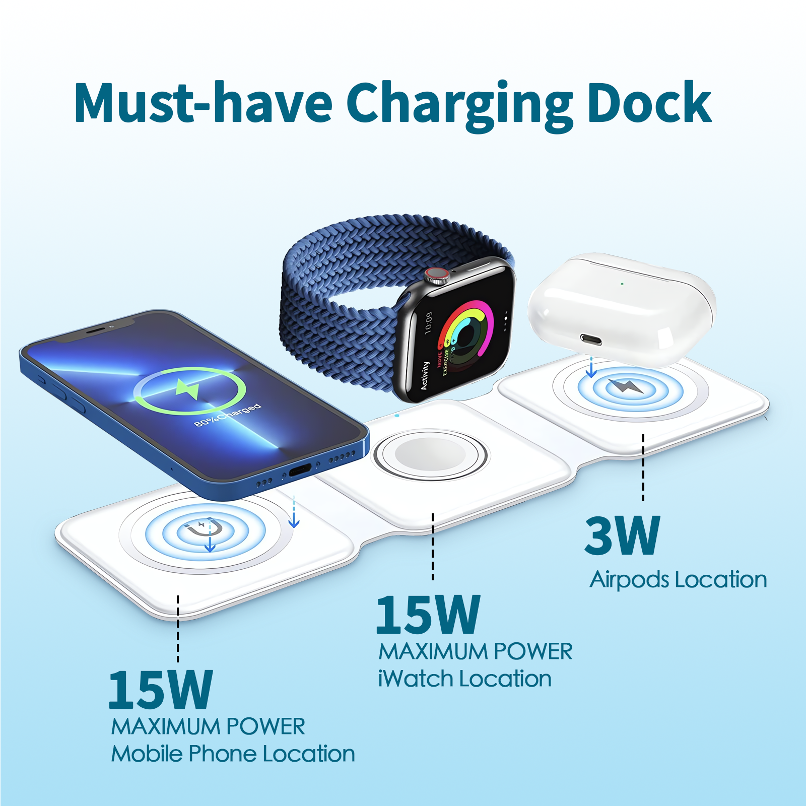 Phone Chargers: 3 in 1 Wireless 15W Qi Fast Charging Foldable Station for Apple Mag Safe