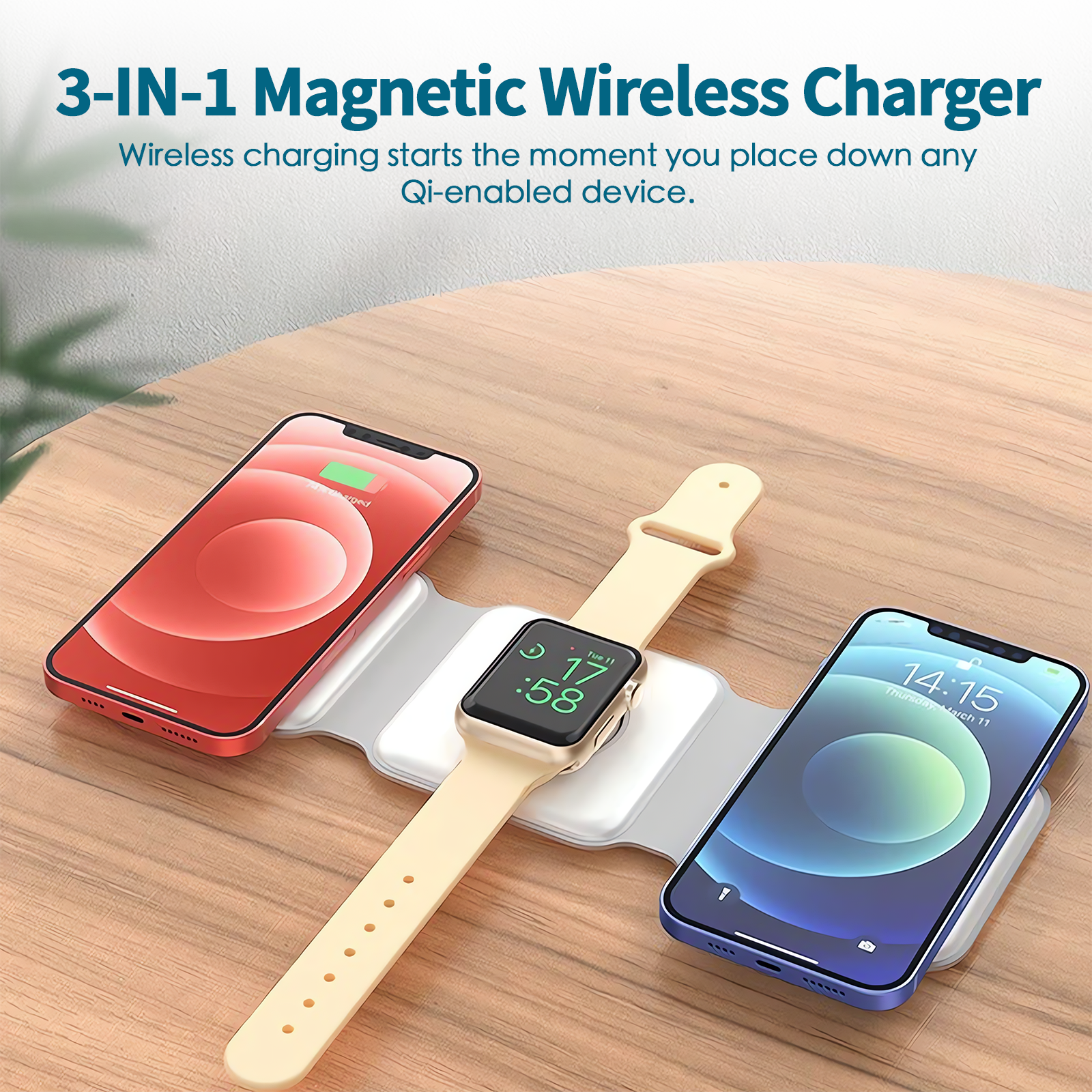 Phone Chargers: 3 in 1 Wireless 15W Qi Fast Charging Foldable Station for Apple Mag Safe