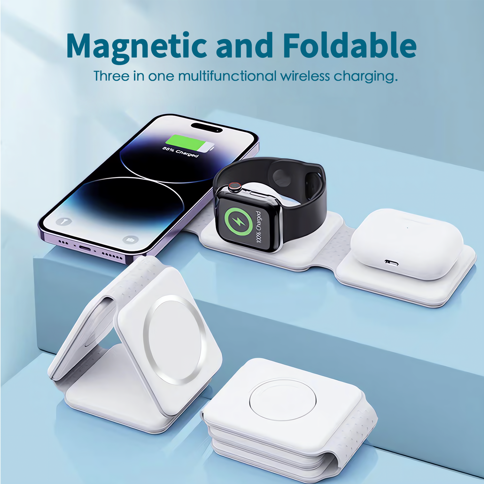 Phone Chargers: 3 in 1 Wireless 15W Qi Fast Charging Foldable Station for Apple Mag Safe
