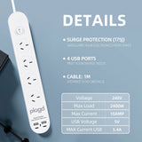 Powerboards & Adapters: Plugd 2 USB A + 2 USB C 240V 10A Powerboard with Surge Protection