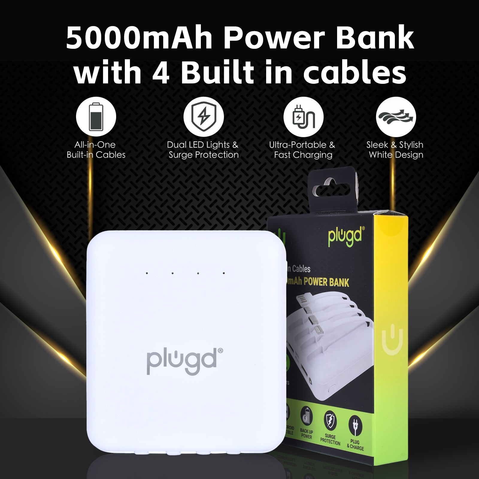 Power Banks & Chargers: 5000mAh Fast Charge Power Bank with 4 Built-in Cables and LED Lights